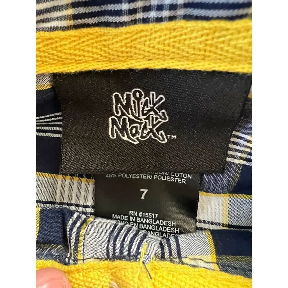 NWT! Mick Mack Dark Blue White Yellow Plaid Short Sleeve Button Down Size 7